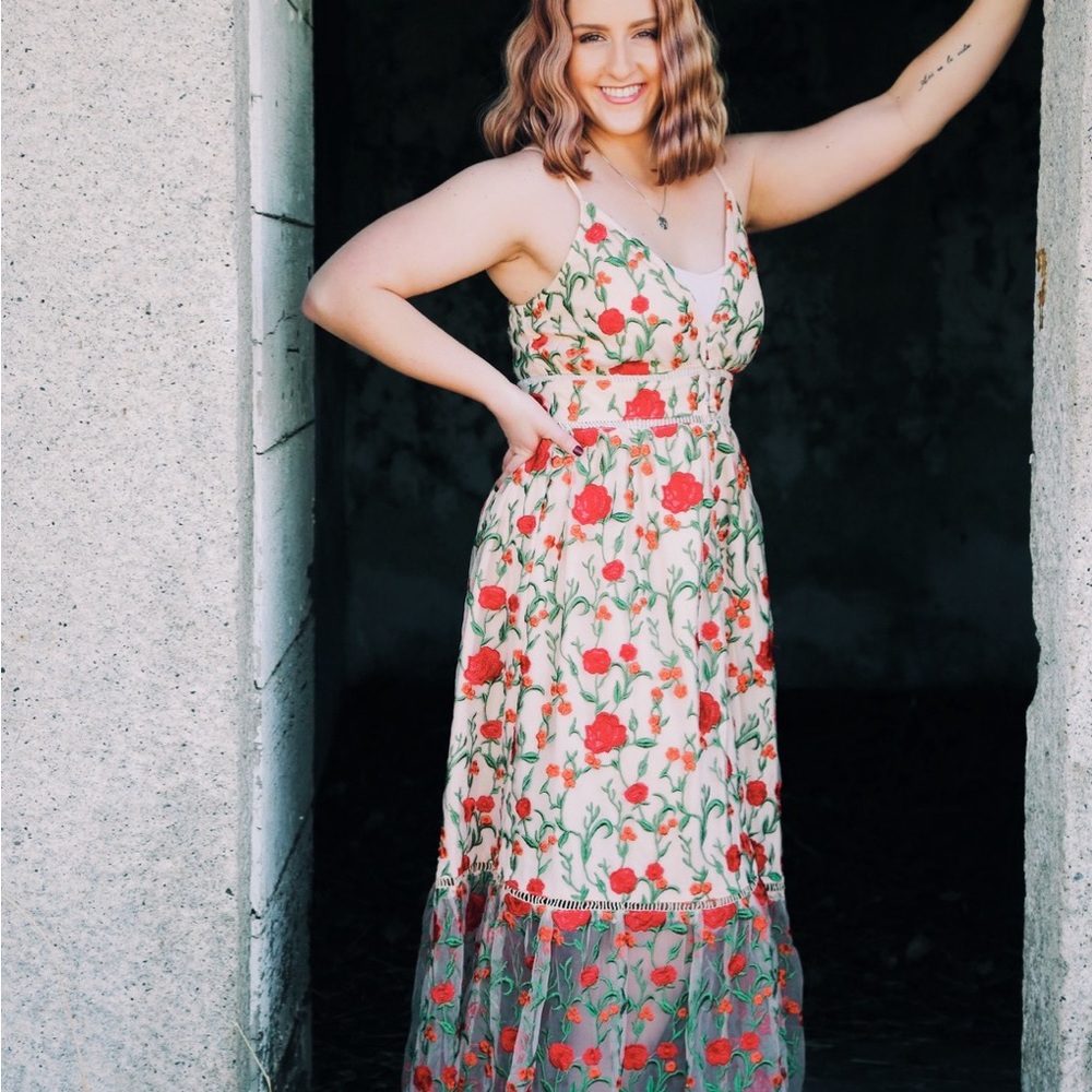 Embroidered Floral Spaghetti Strap Maxi Dress